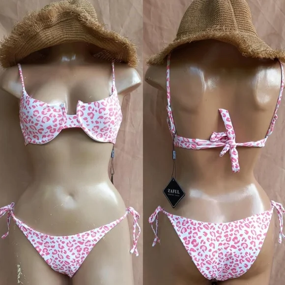 ZAFUL Leopard Side Tie Push Up Bikini Swimwear Set Sz Medium Pink Underwire NEW - Picture 3 of 9